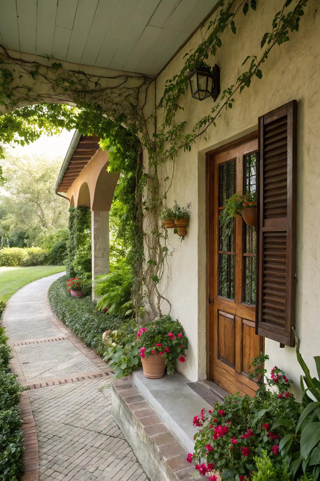 Lush greenery makes a good pair with the stucco porch.