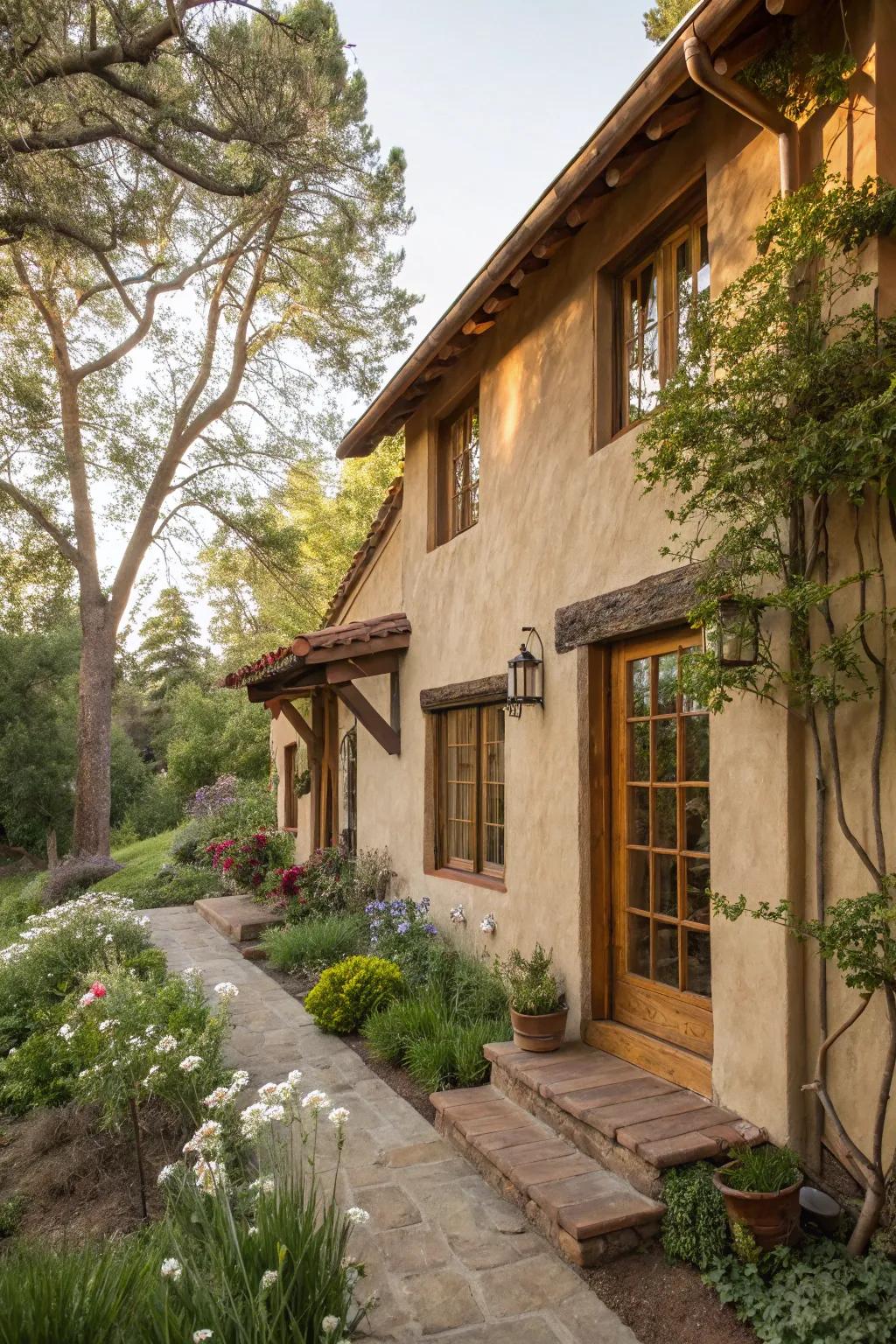 Wood trims give a country-style charm to this appealing stucco home.
