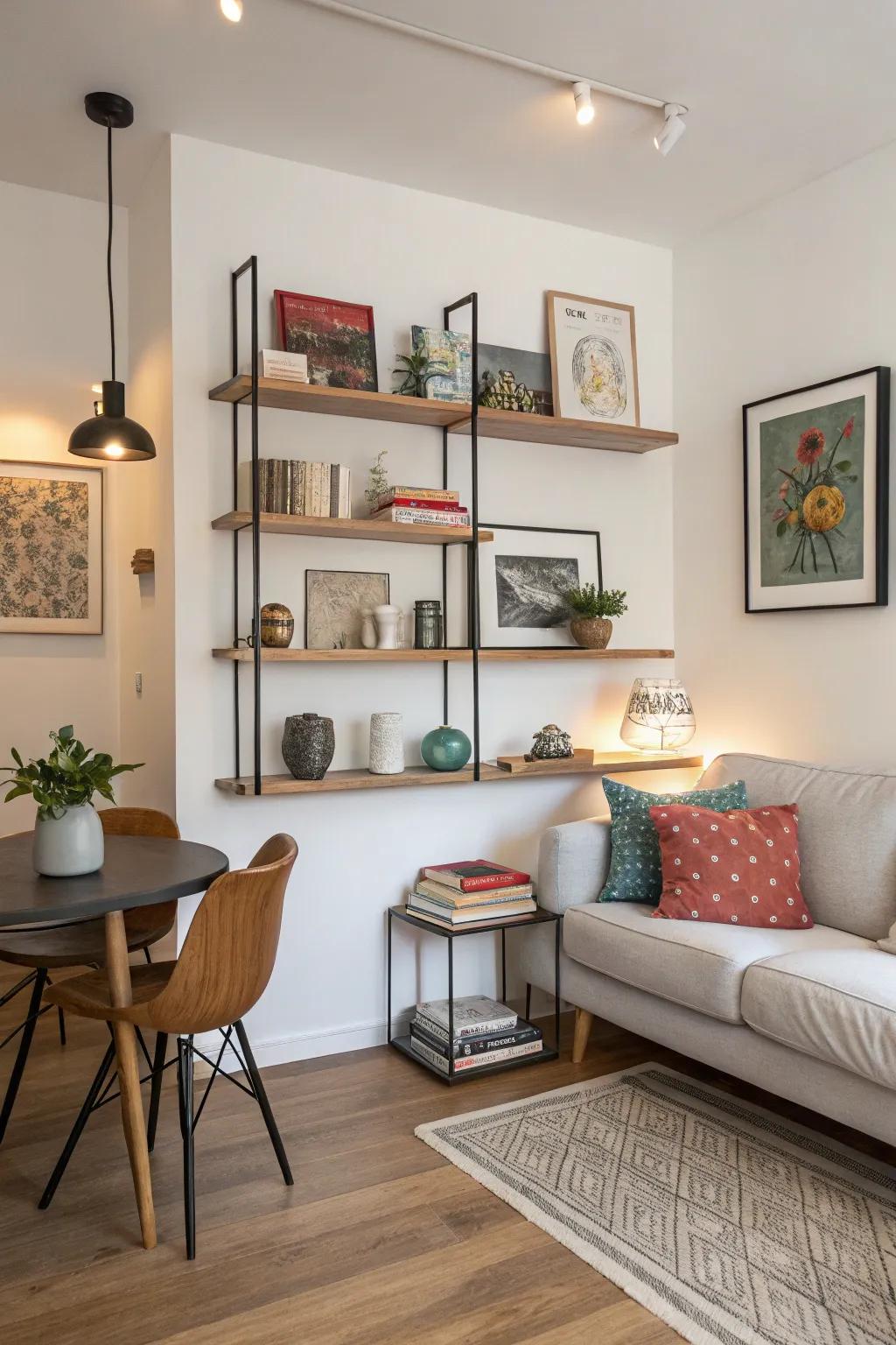 Floating ledges add storage and character without cluttering the floor.