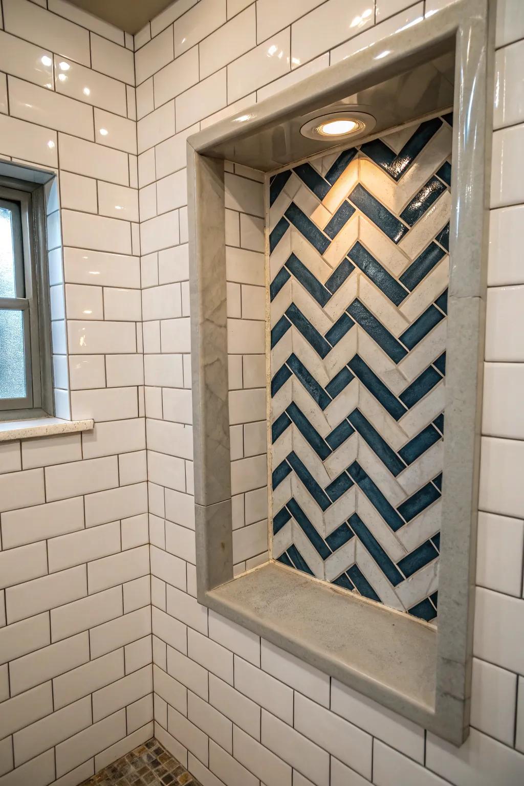A fashionable zigzag arrangement within a shower niche.