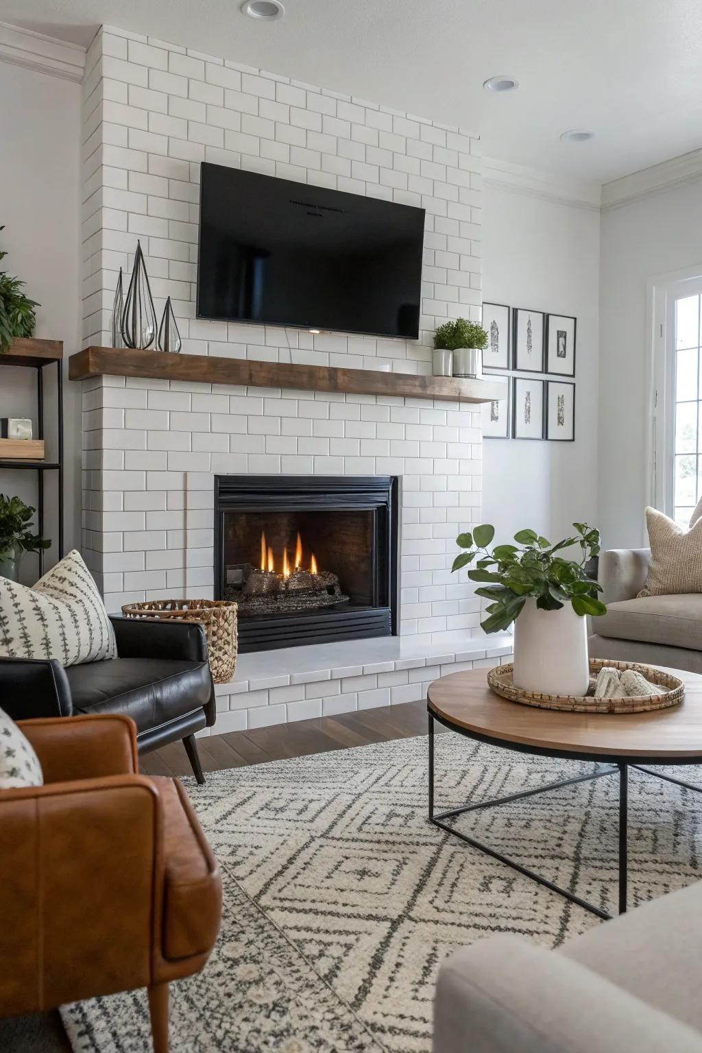 Lustrous rectangular tiles introduce a modern sheen to this contemporary fireplace.