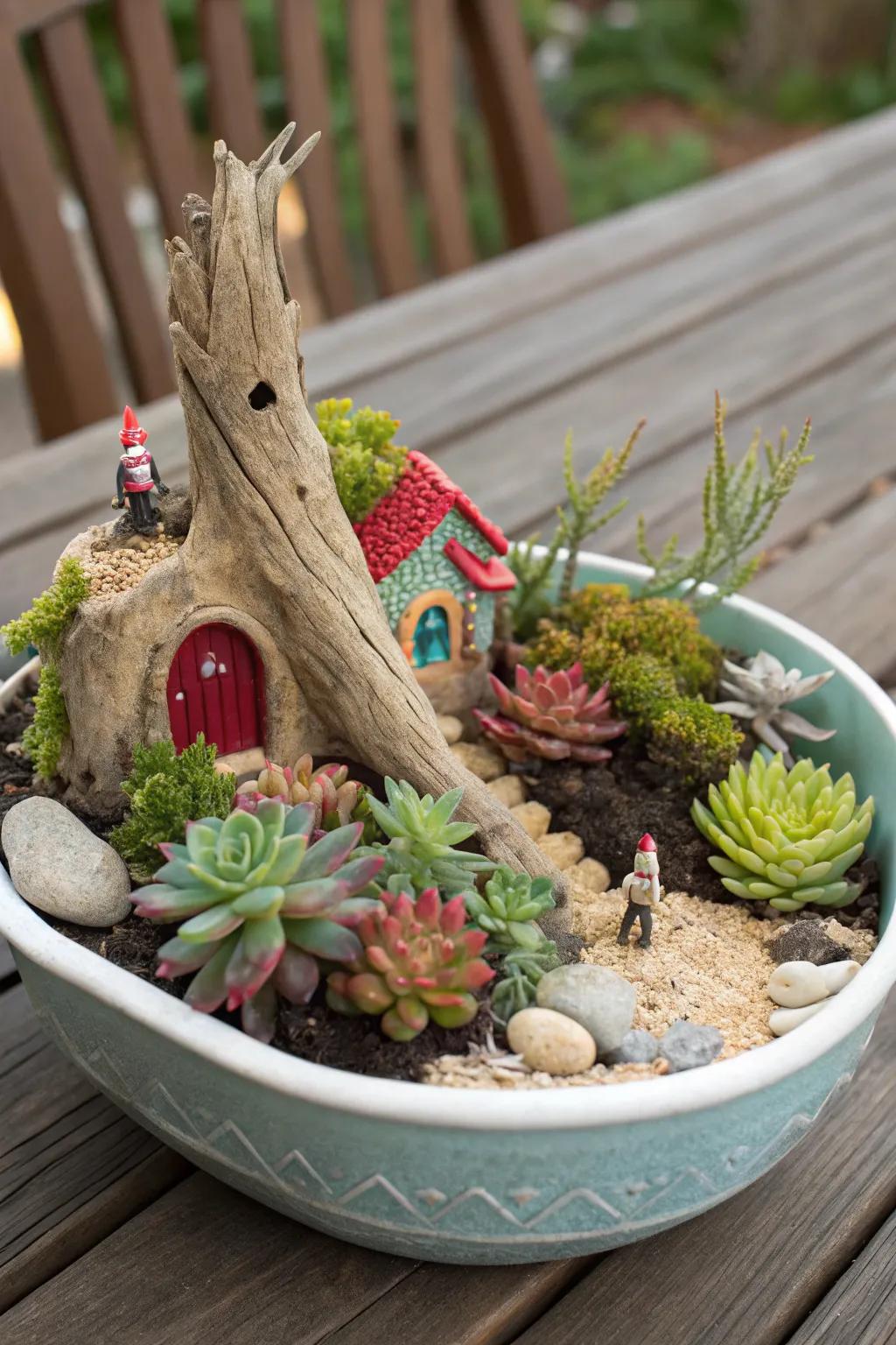 An imaginative miniature landscape succulent garden.