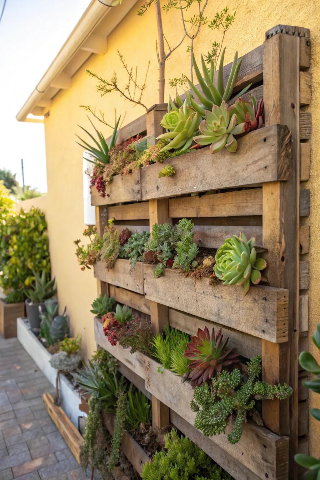 An inventive vertical garden employing a repurposed pallet for presenting succulents.