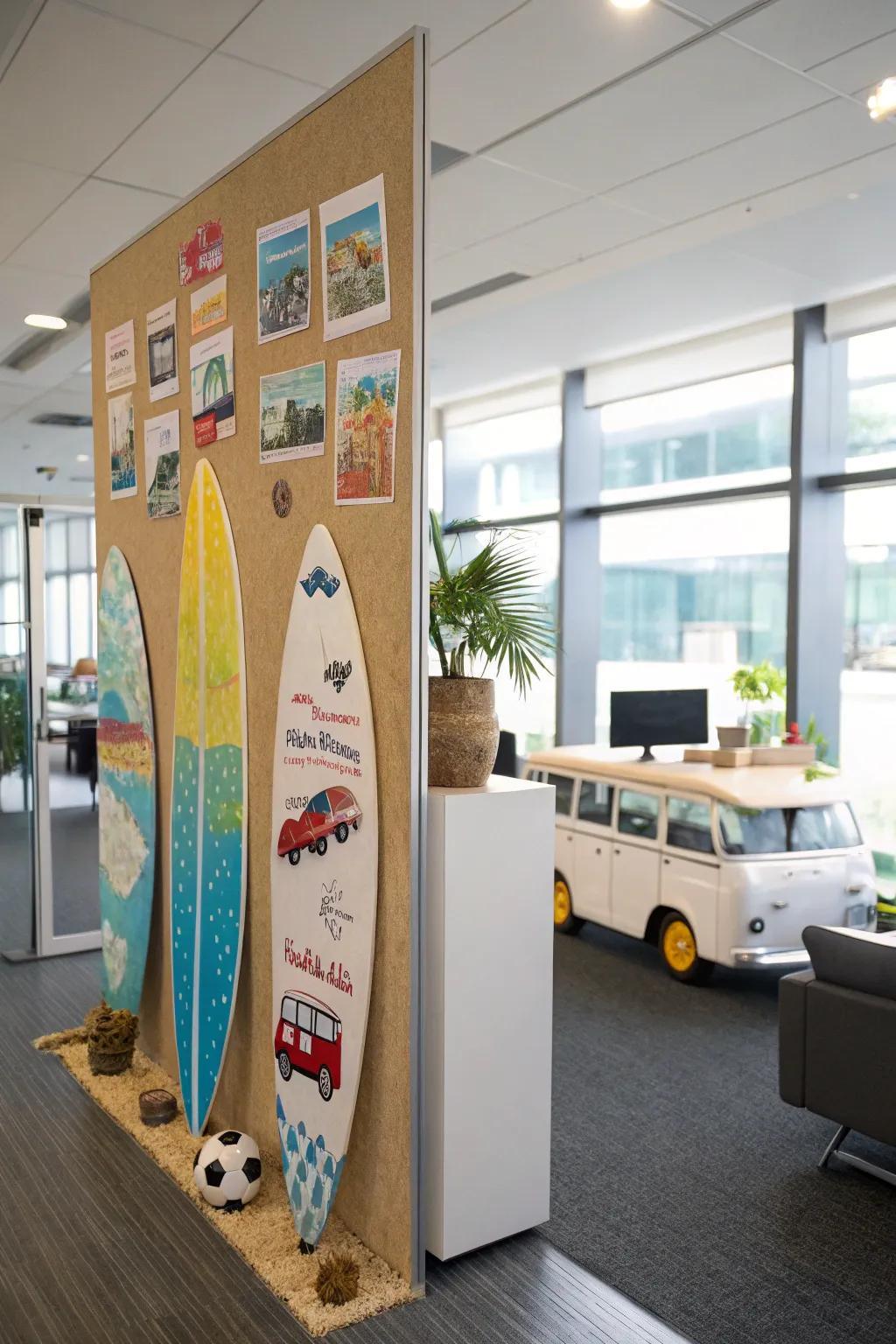 Inspire wanderlust with travel motifs like surfboards and camper vans.
