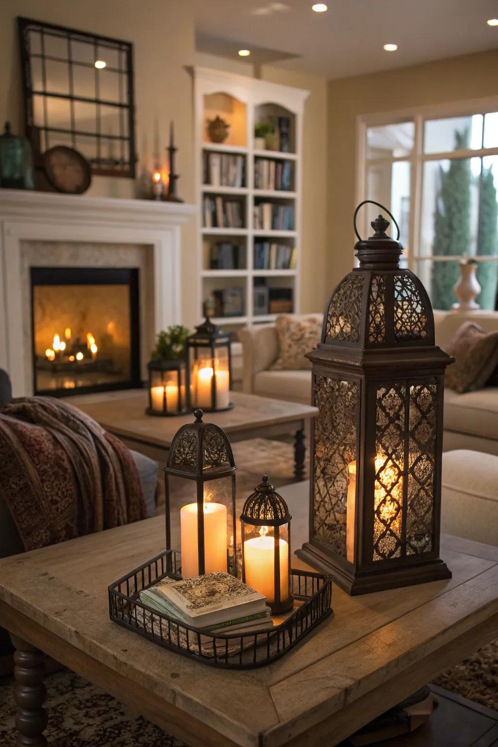Candles and lights set a welcoming and cozy mood.