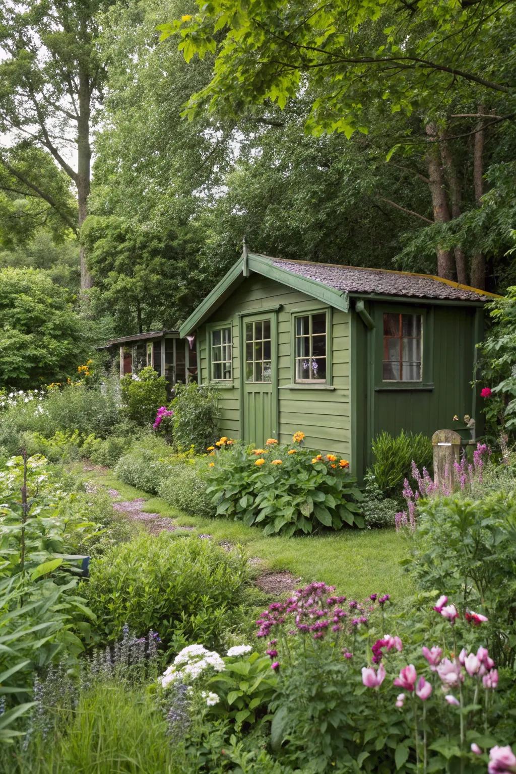 A nature-inspired green summer house peacefully blending with its yard surroundings.