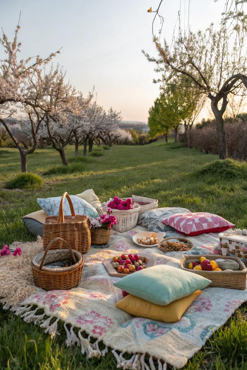 An inviting picnic display with soft blankets and plush cushions.