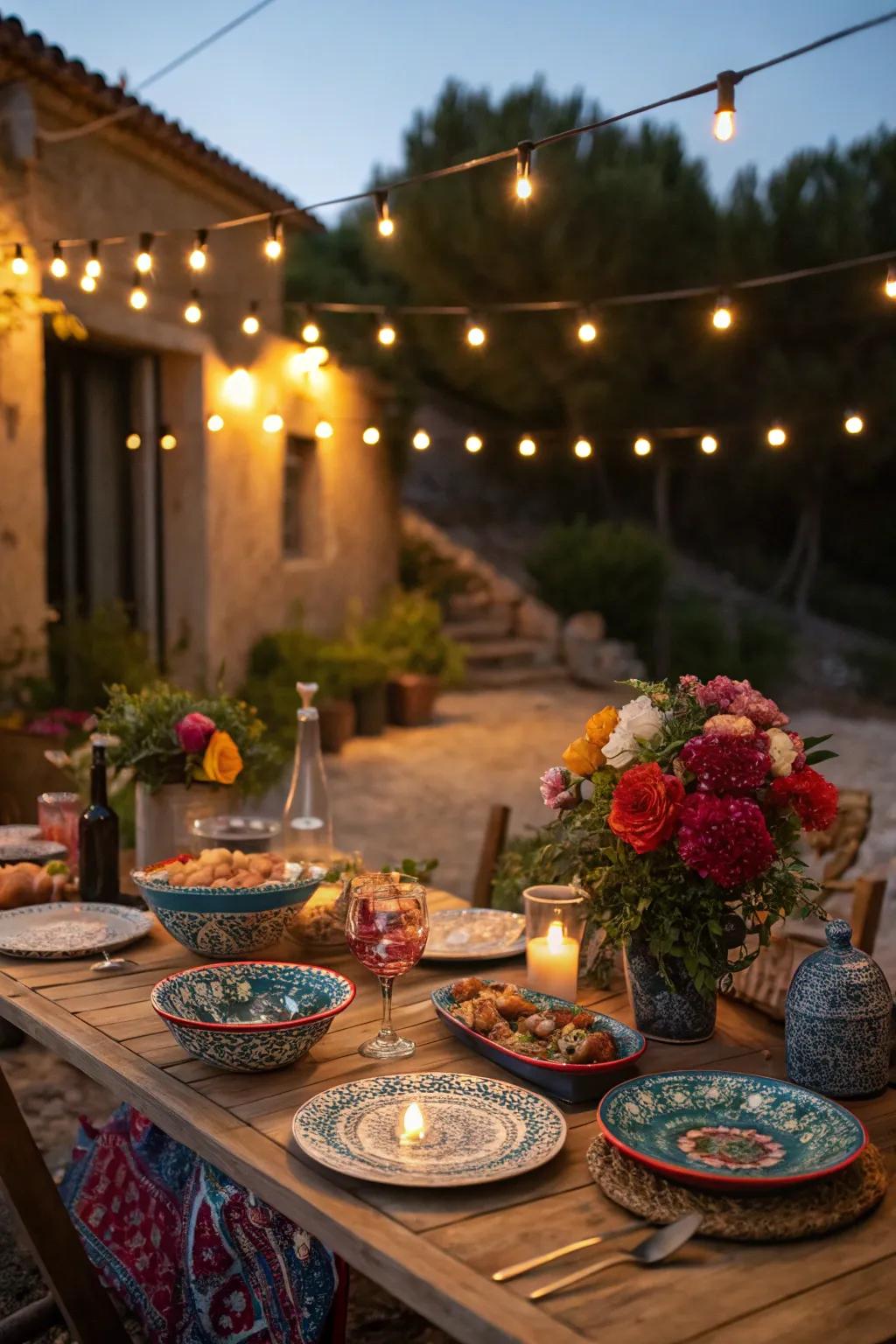 An appealing Mediterranean feast underneath the stars, featuring authentic dishes.