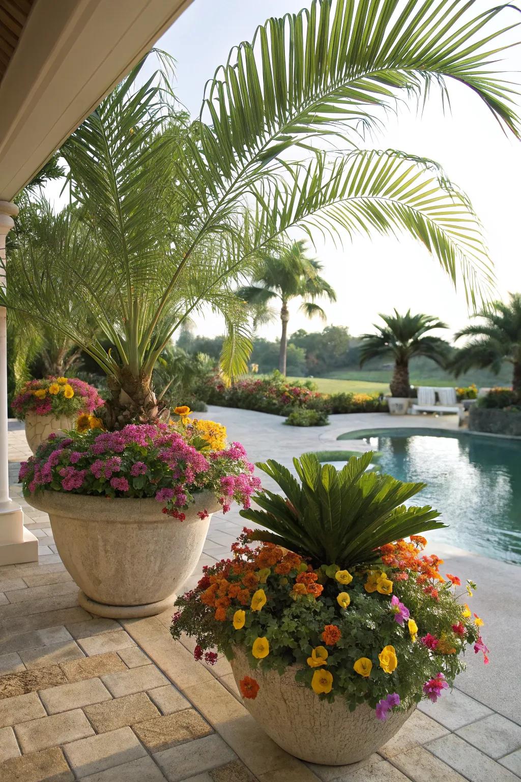 Tropical palm plants accompanied by bright flowers