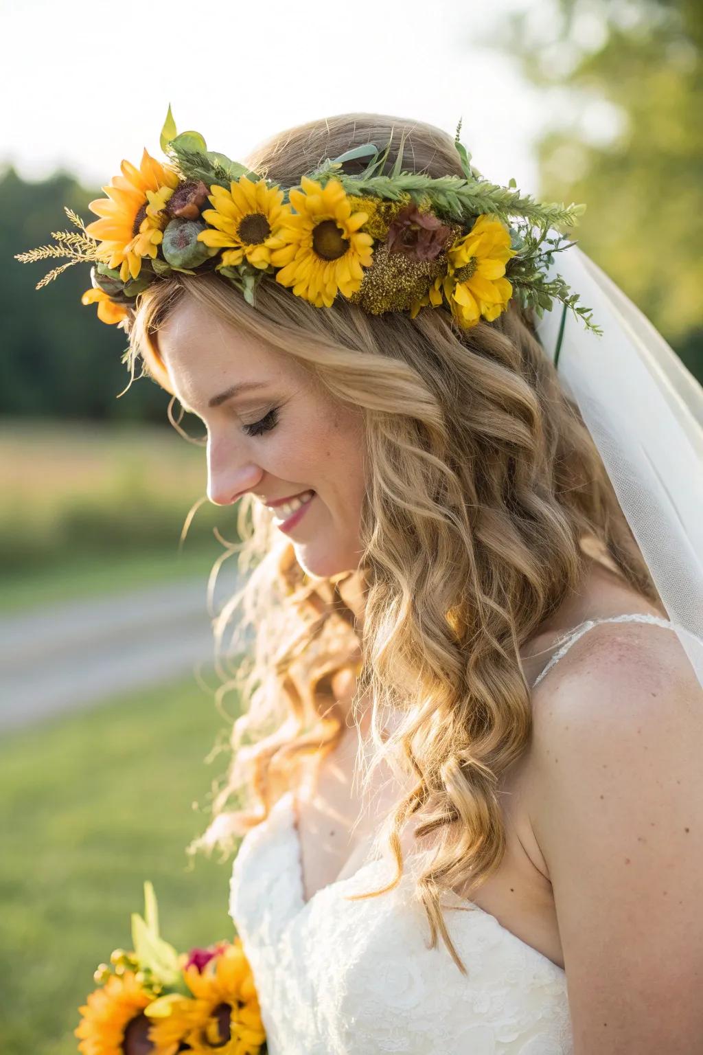 A bride adorned with a daisy crown, showcasing a whimsical hairstyle.