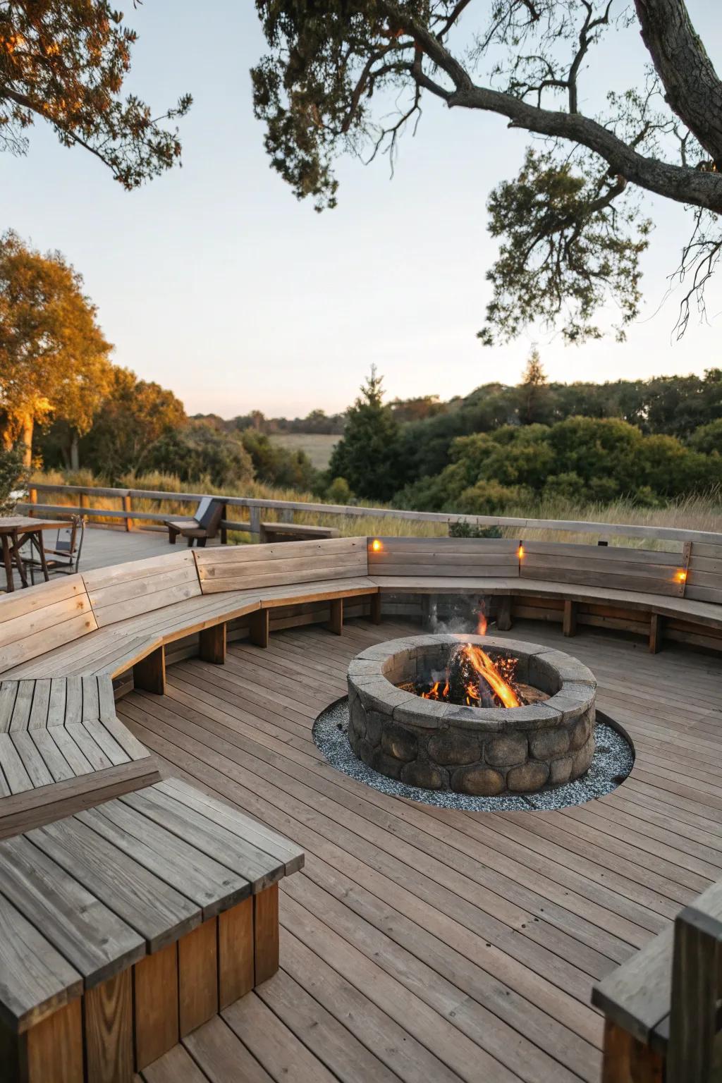 Wooden accents enhance the warmth of this sunken fire pit.