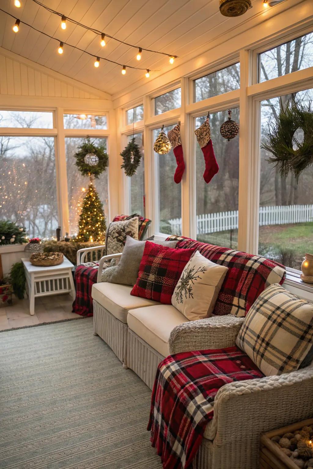 Textiles contribute warmth and holiday atmosphere.