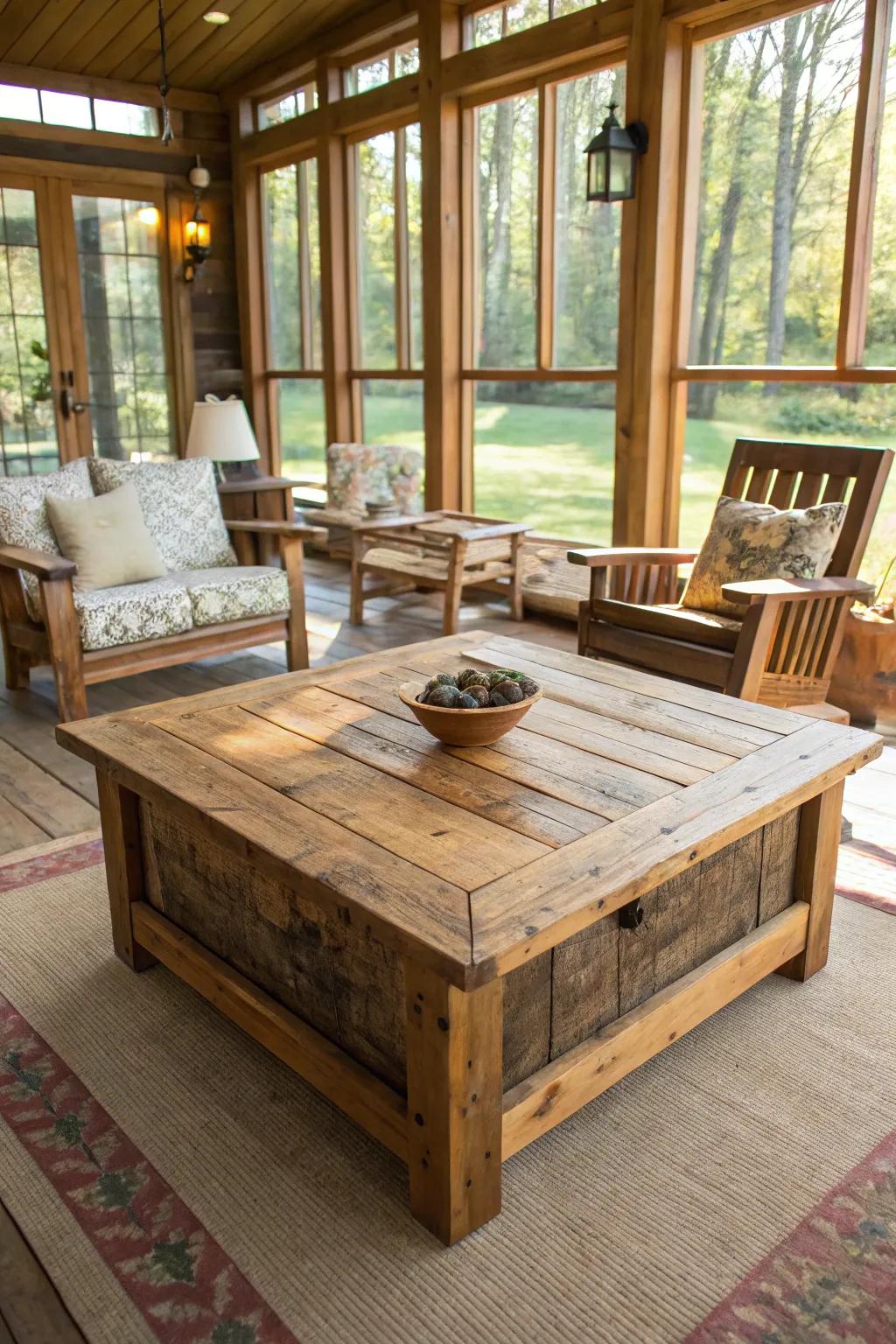 Rustic wooden elements enhance the warmth of this sunroom.