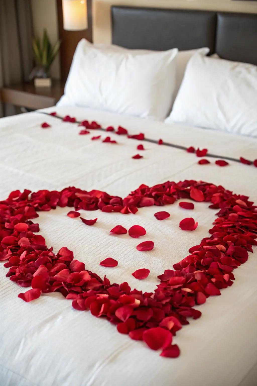 Romantic petals beautifully arranged on the bed.