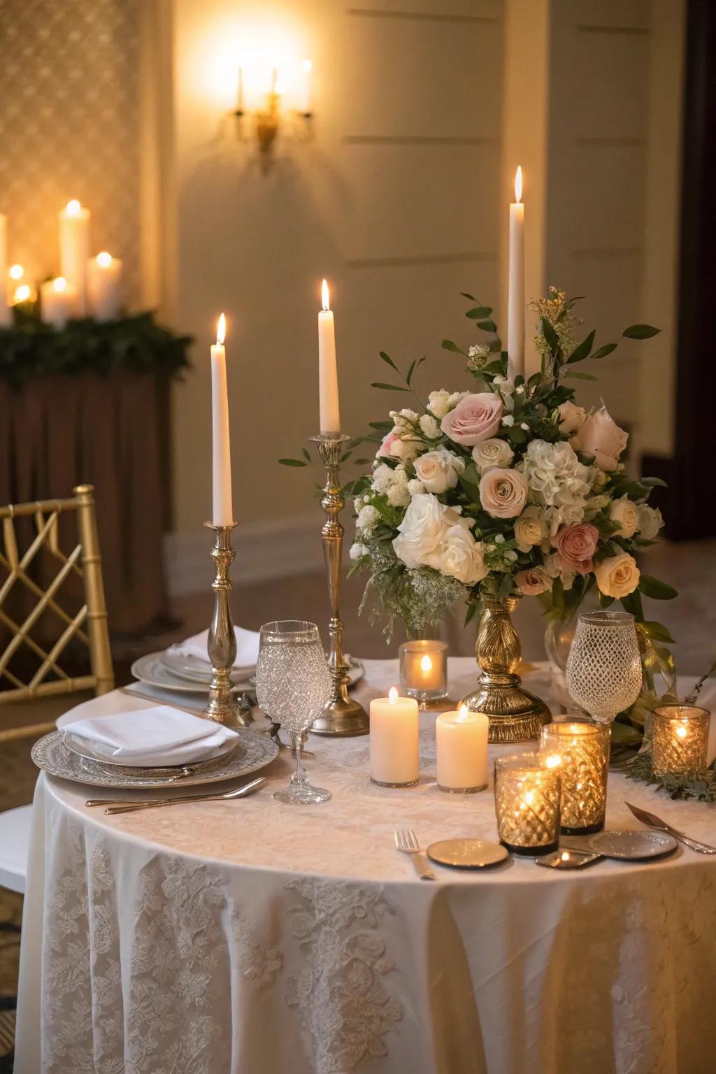 A candlelit sweetheart table radiating a toasty and intimate glow.