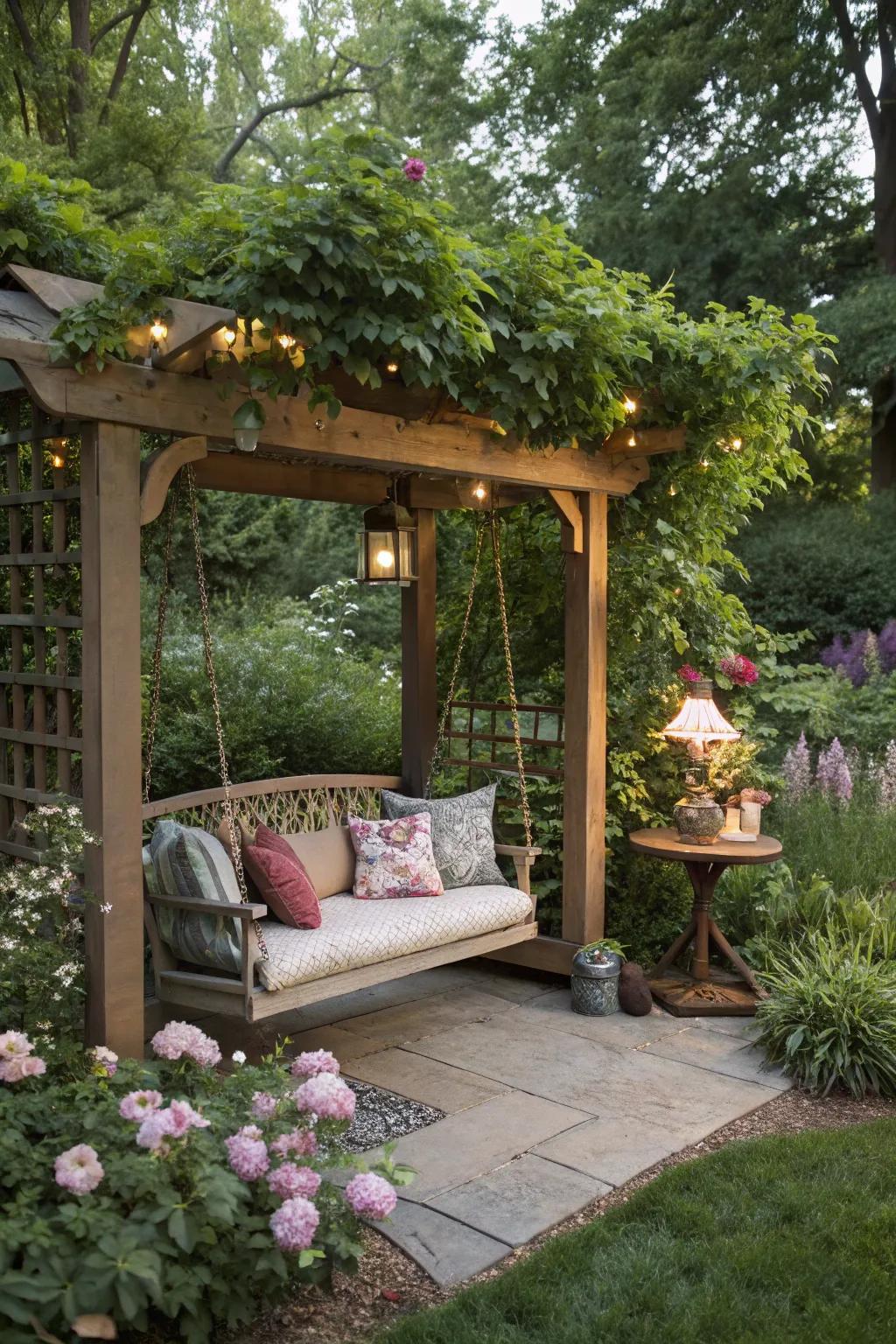 An Summit-style swing crafts an inviting nook for unwinding.