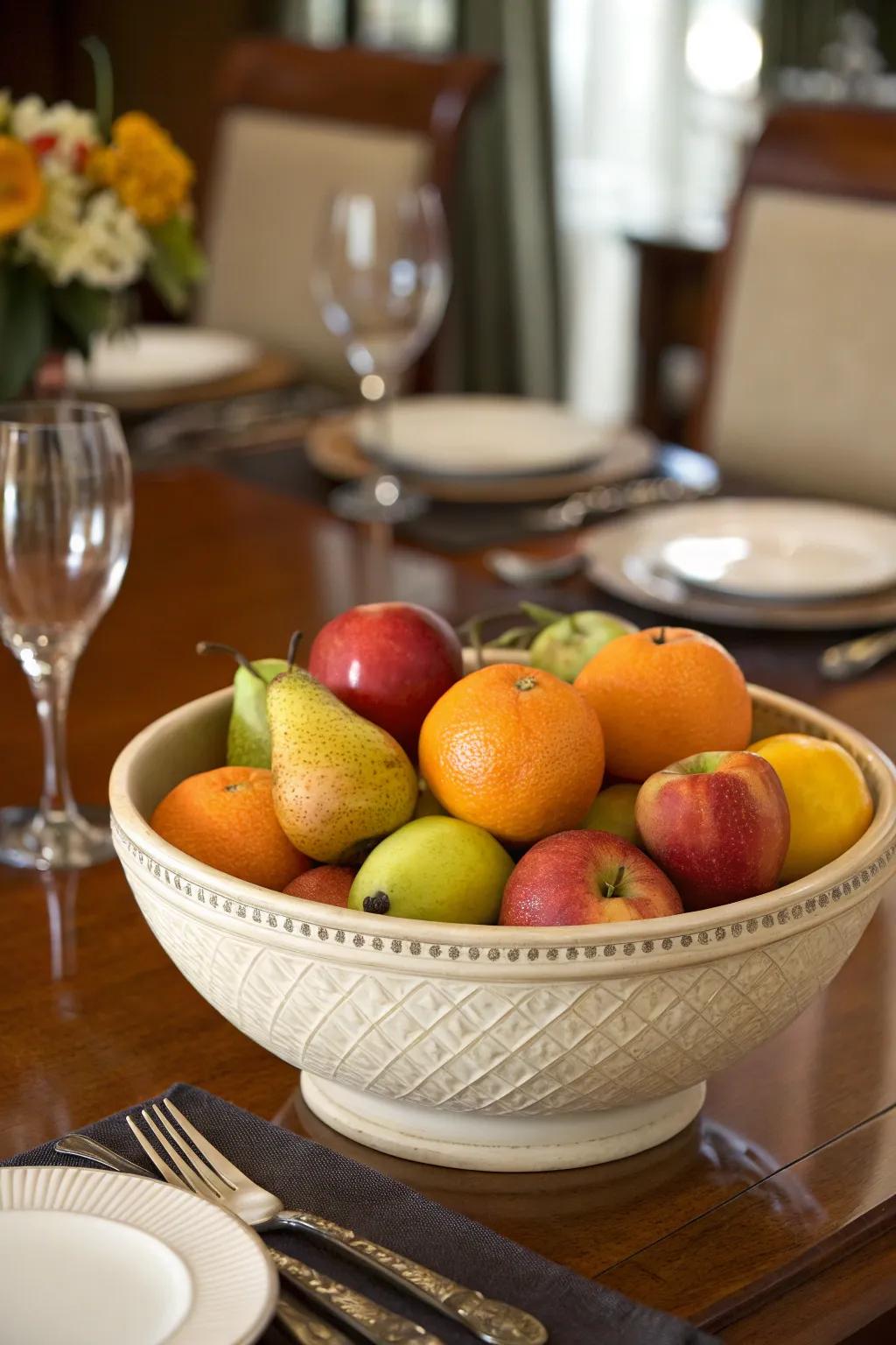 A ceramic bowl of vibrant fruit serving as a revitalizing centerpiece.