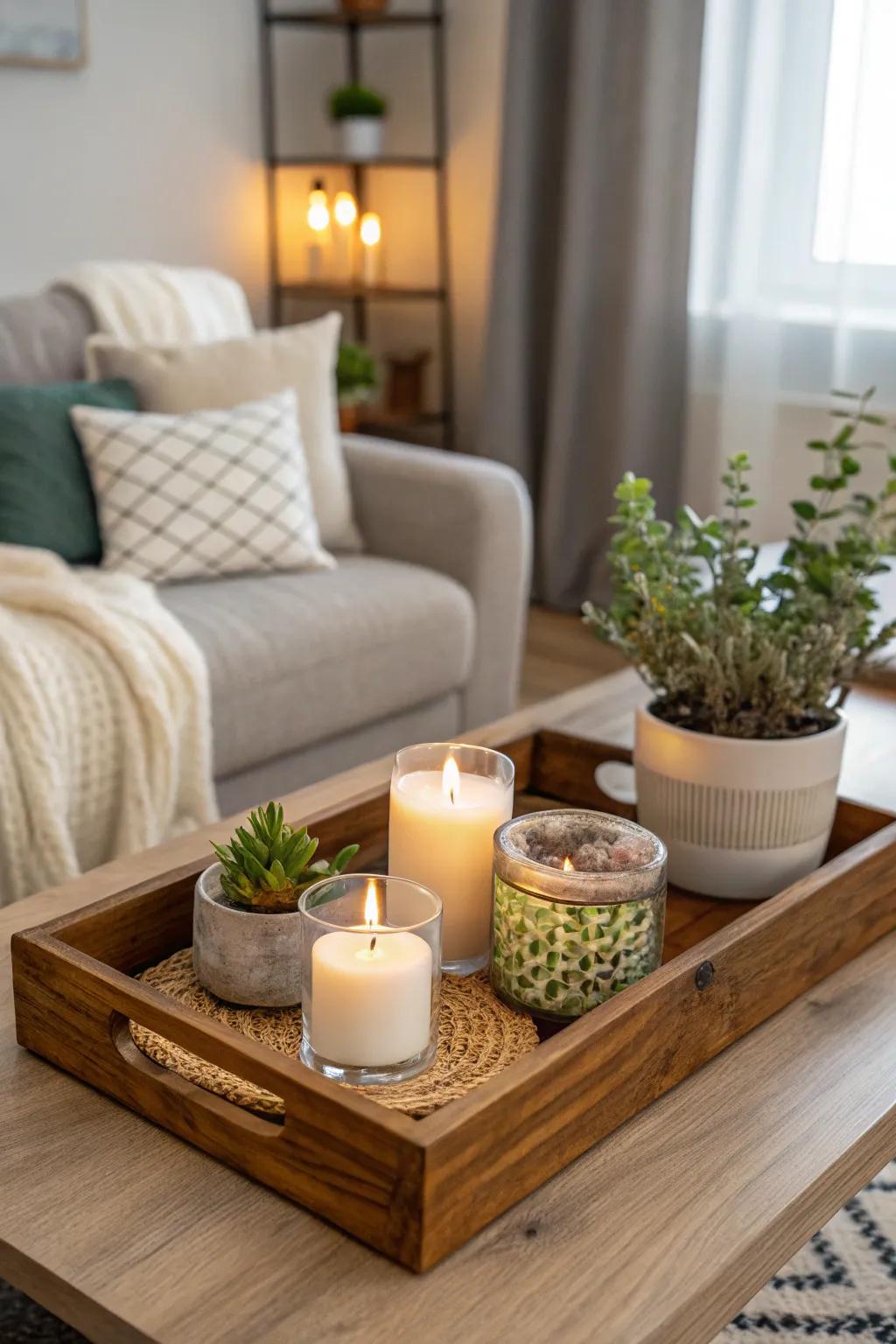 A tray maintains your decor components neatly arranged and fashionable.