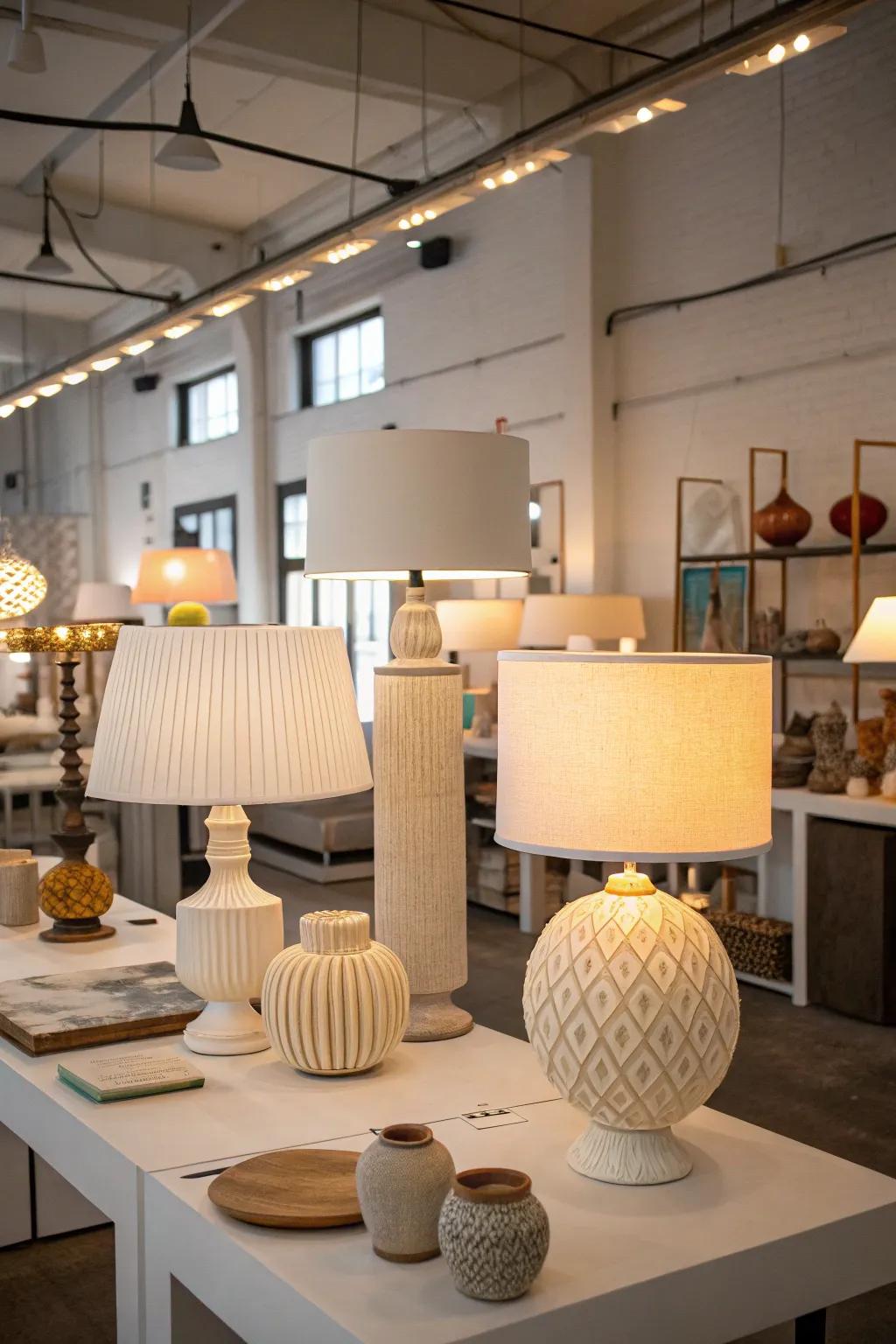 An inspiring studio featuring a mix of varied table lamps to enhance creativity.