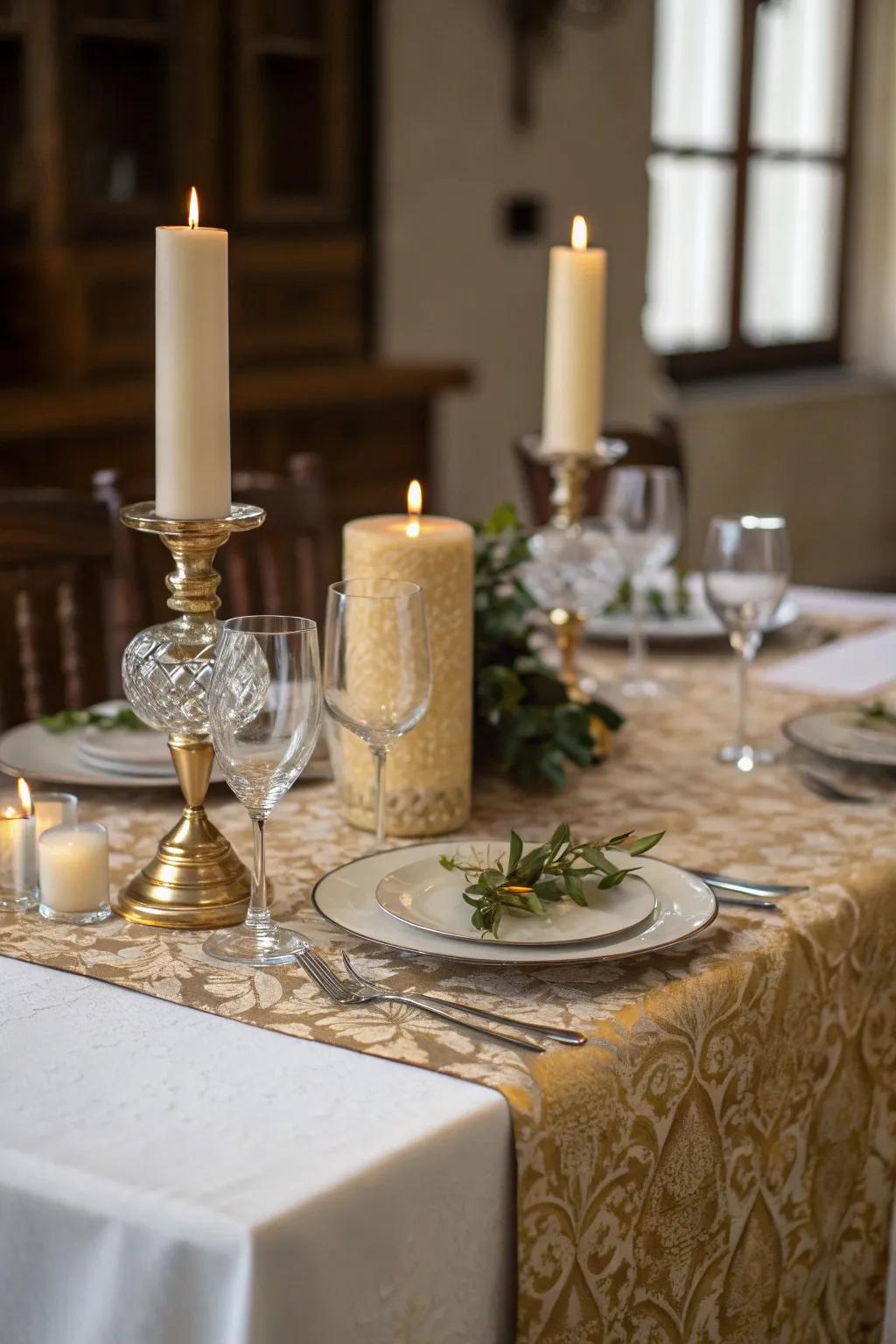 A candelit table runner creating an elegant and intimate evening atmosphere.