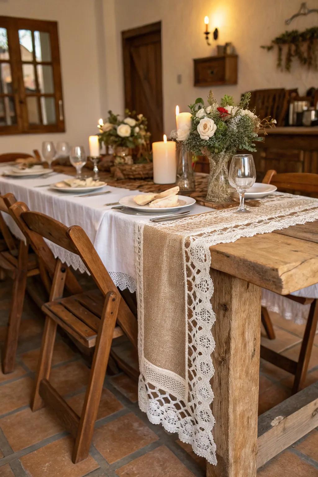 A country table arrangement featuring timber, roughspun fabric, and woven trim components.