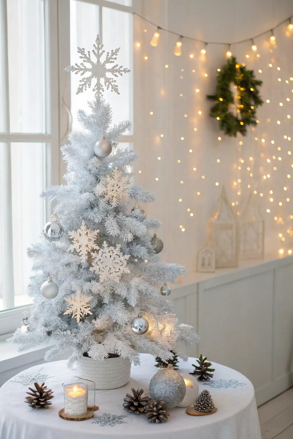 This winter wonderland themed tabletop Christmas tree brings a serene and magical touch.