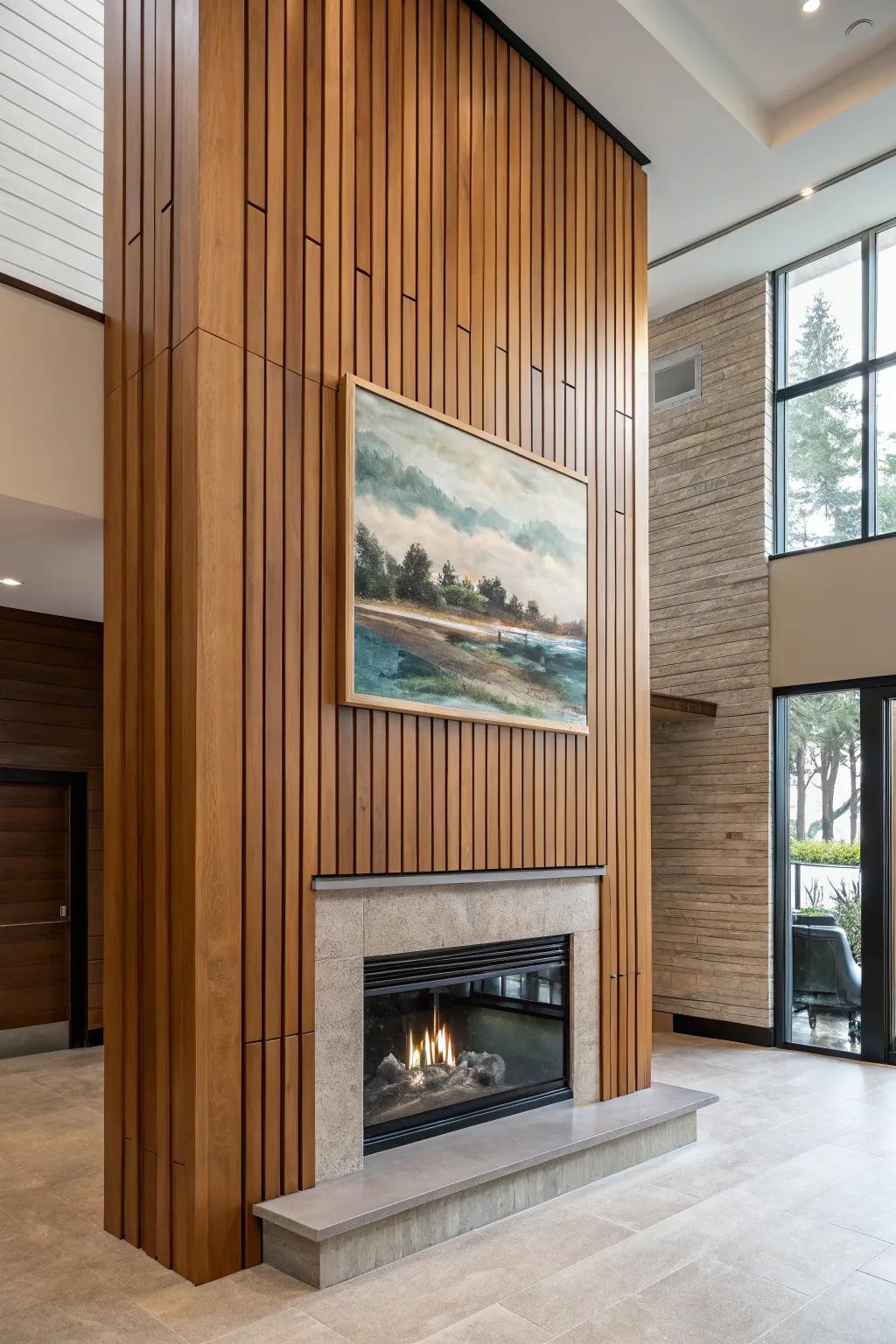 Vertical features highlight the height of a fireplace wall.