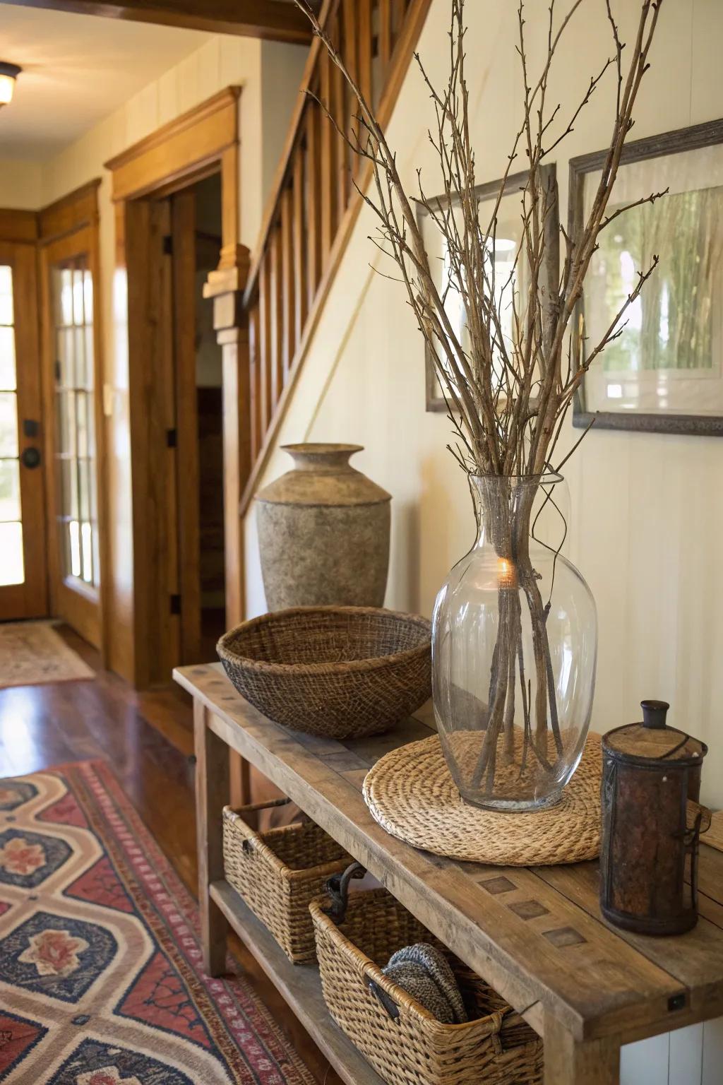 A country-style tall glass vase showcasing genuine branches, enhancing the entrance using a hint of nature.