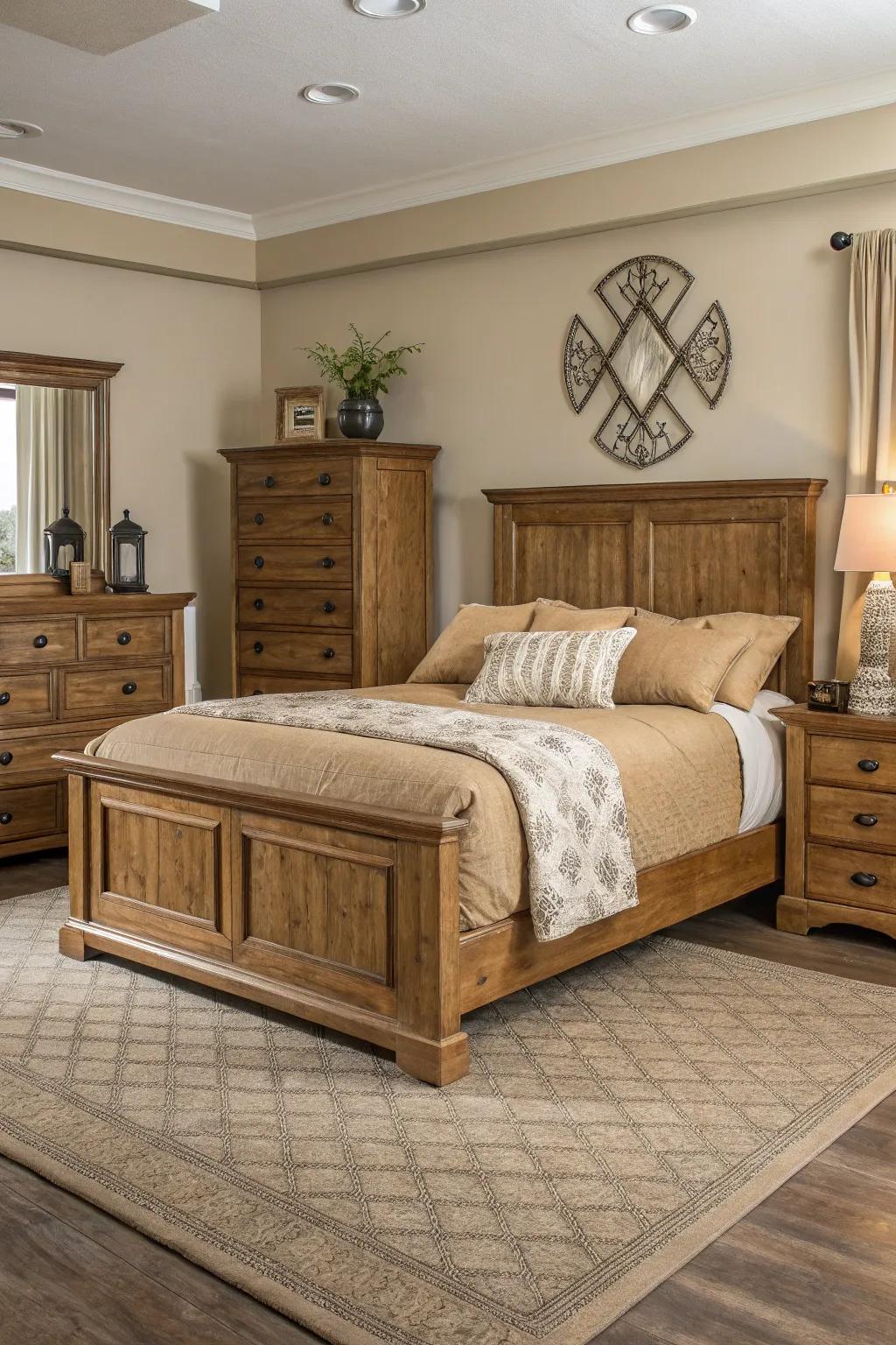 Wooden furnishings stylishly complement the beige bedroom palette.