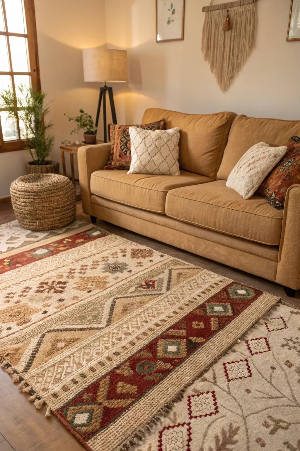 Layered rugs amplify the visual allure of a living space.