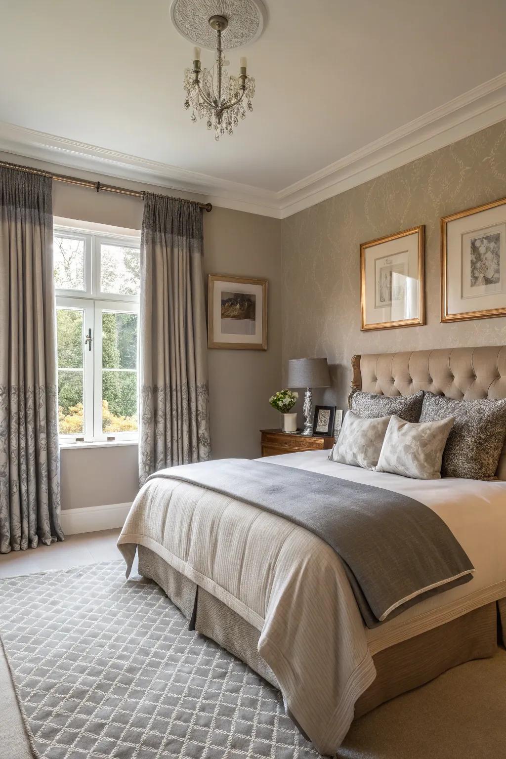 Chic grey drapes perfectly complementing taupe walls.