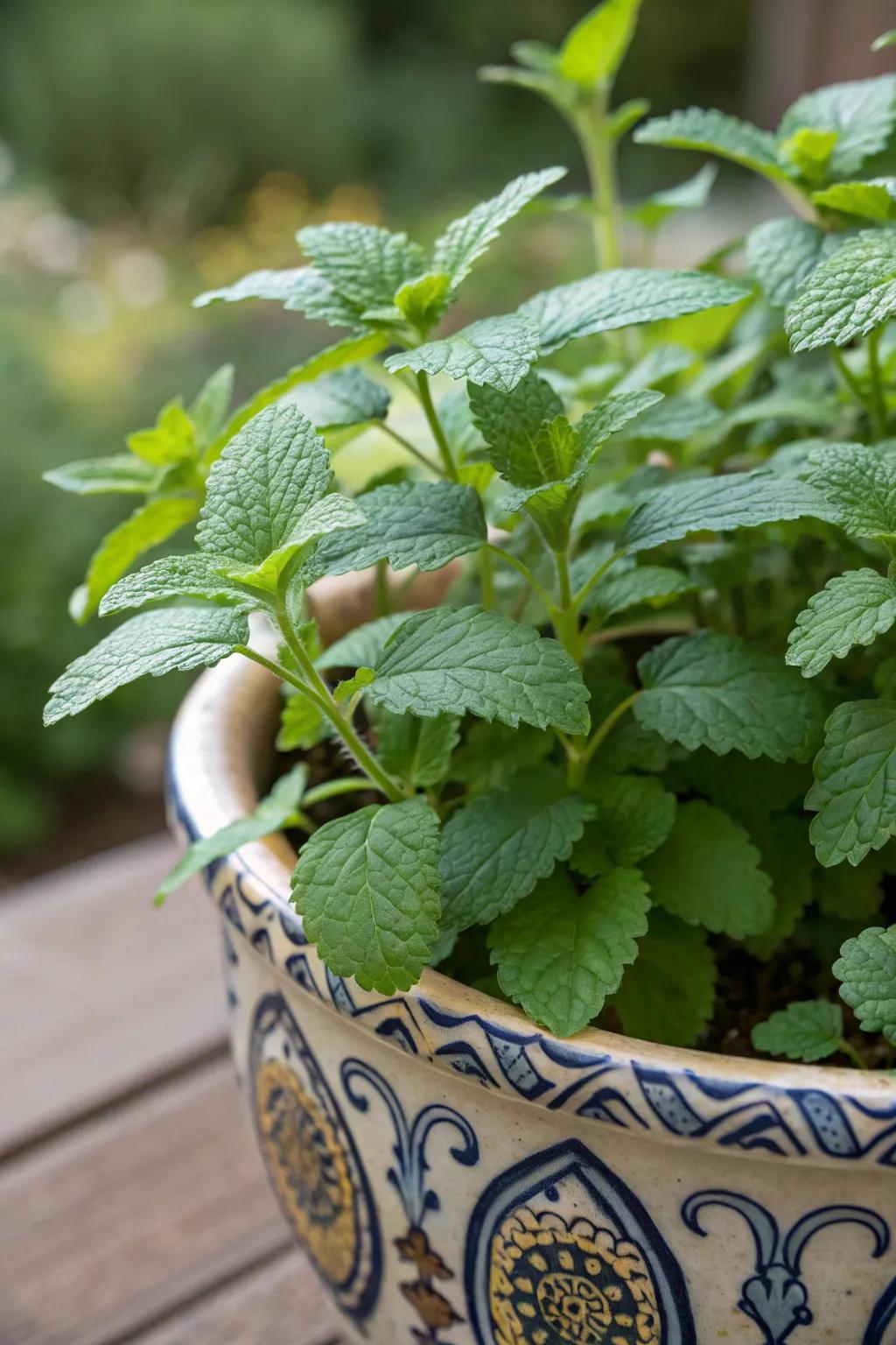 Lemon balm expanding strongly inside a stoneware container, arranged to fill your tea with a citrusy taste.