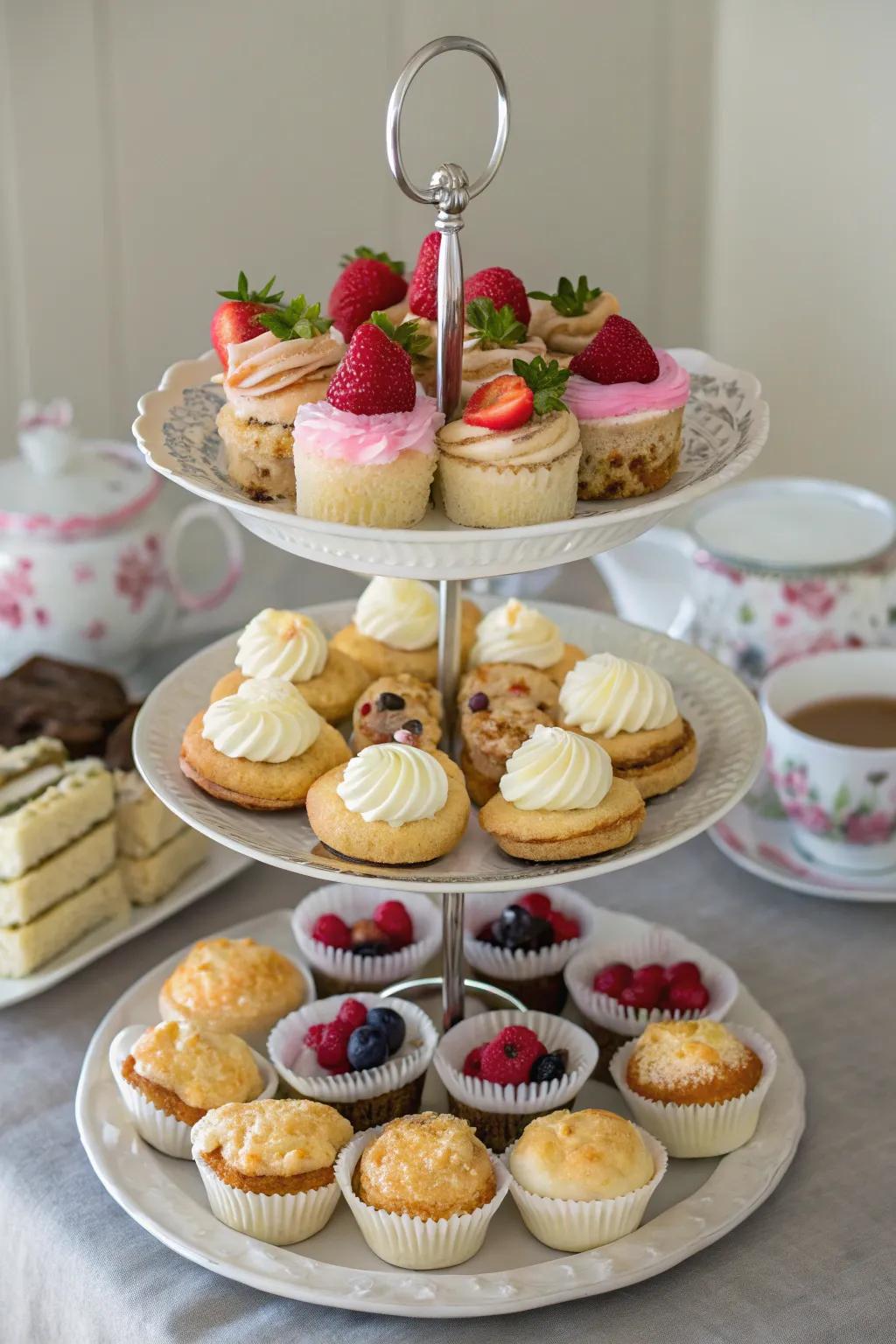 A tiered cake stand elegantly displays a variety of pastries.