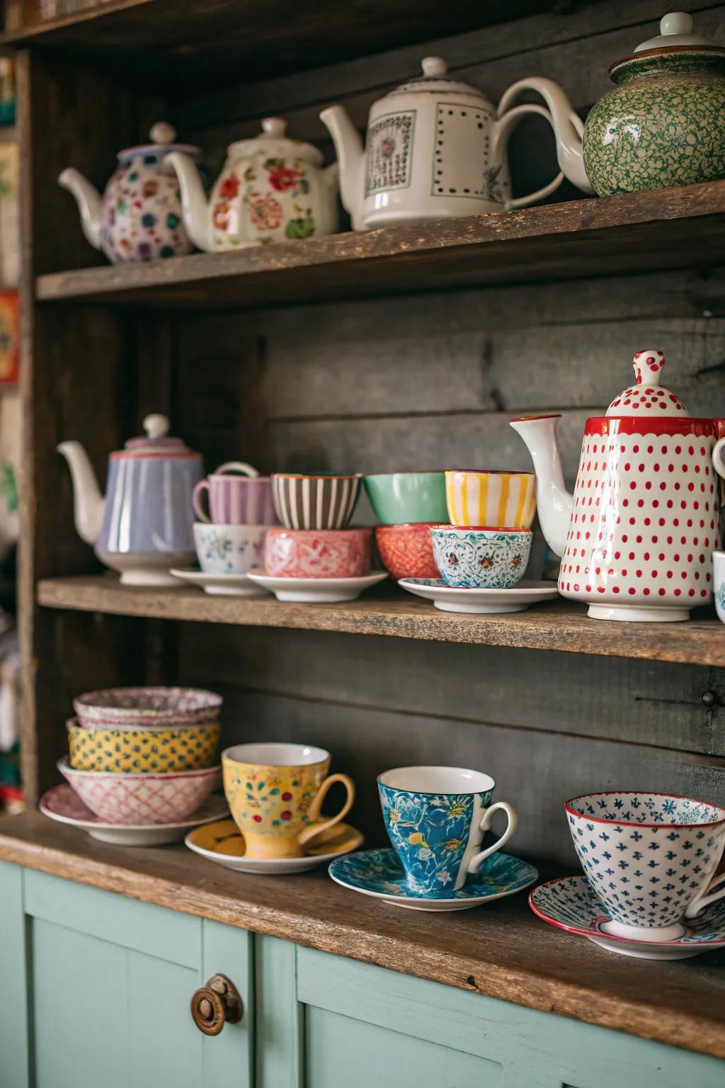 A diverse blend of tea sets for a vibrant and playful presentation.