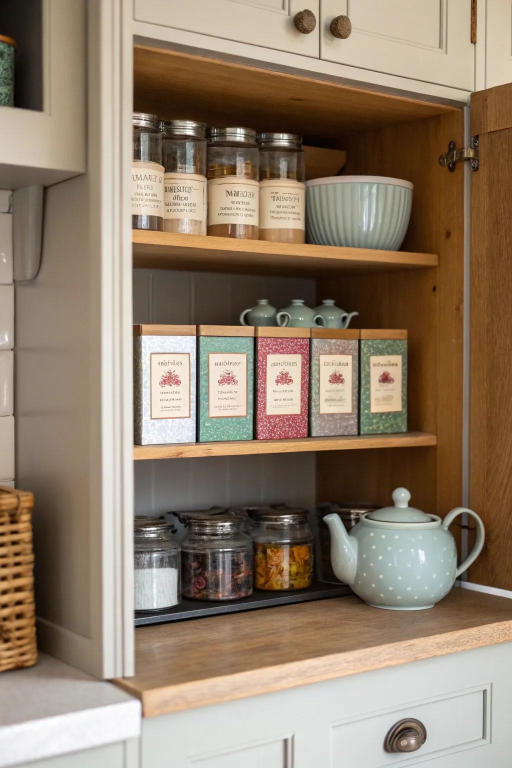 An orderly cabinet shelf reserved for tea storage.