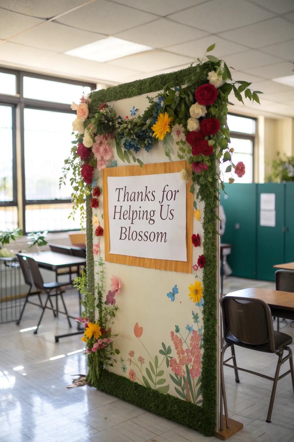 Floral-themed board thanking teachers for helping students bloom.