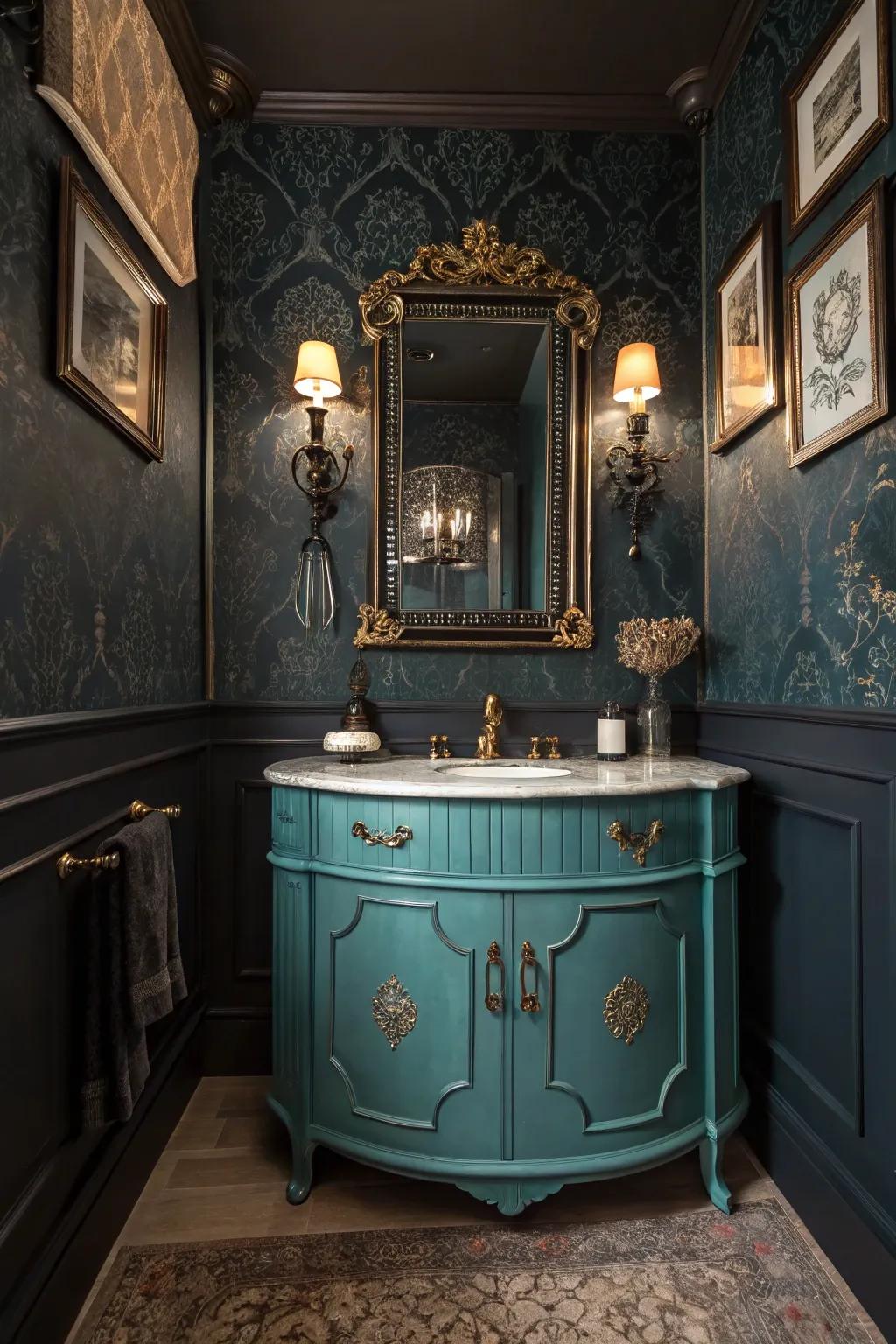 Spotlight your sink cabinet by using an antique seafoam piece.