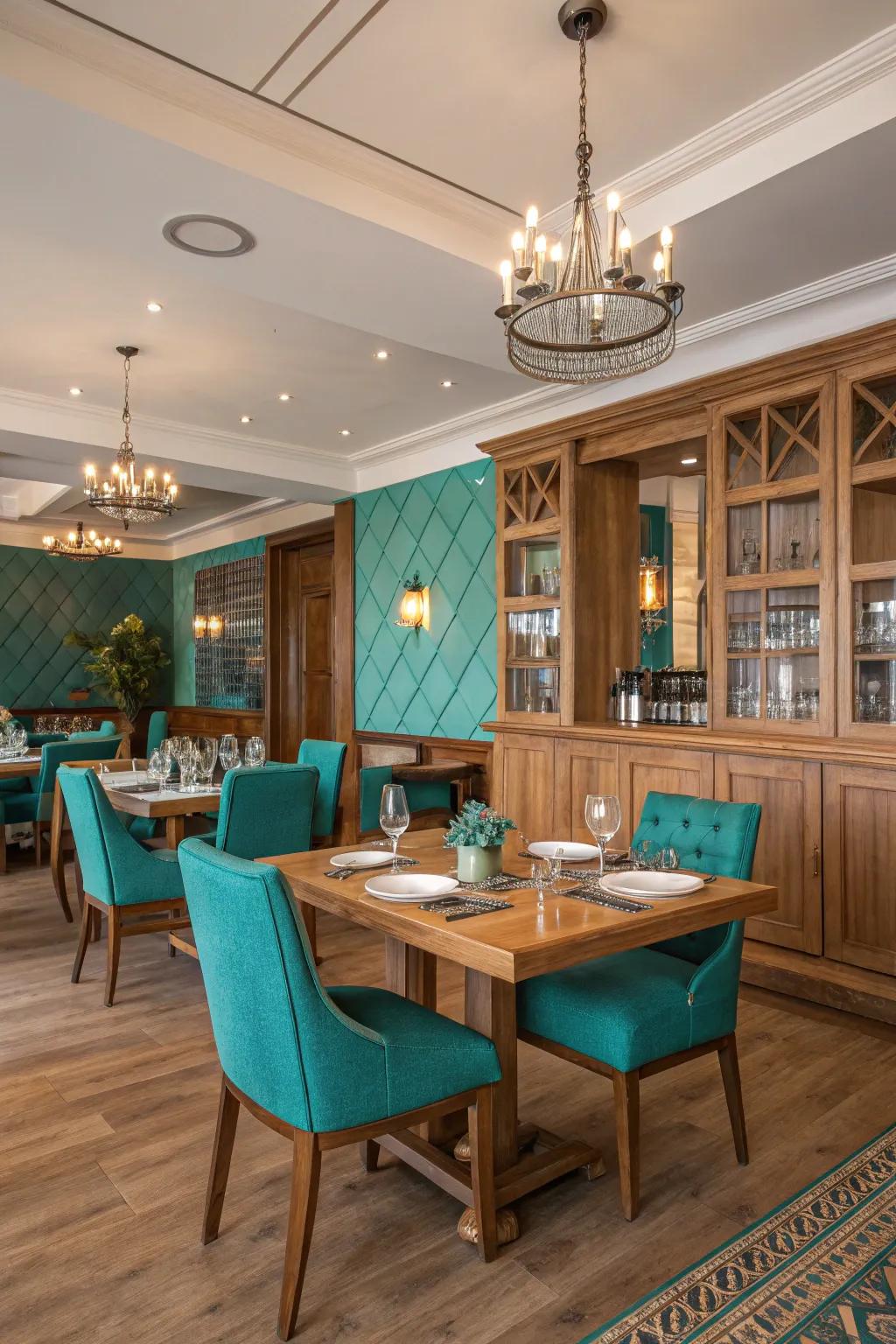 Teal and timber foster a unified dining atmosphere