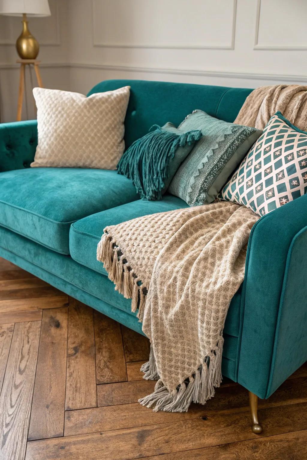 Layering materials surrounding a cerulean sofa cultivates a lavish and welcoming area.