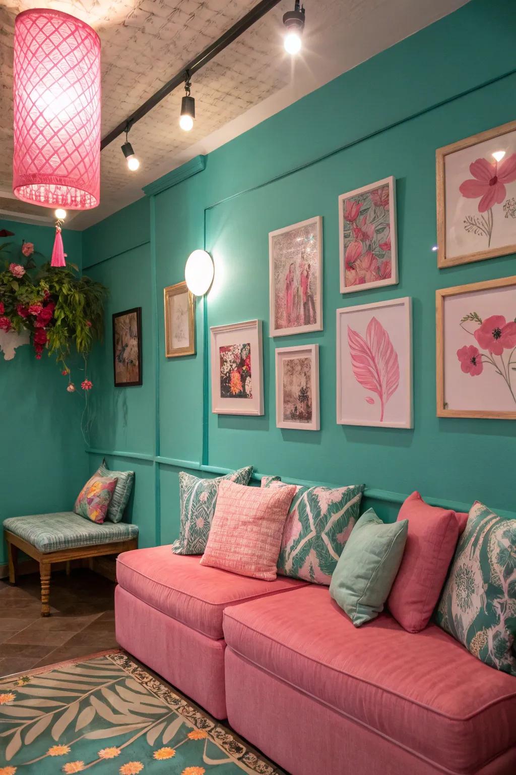 Aqua walls with playful rose highlights for a lively area.