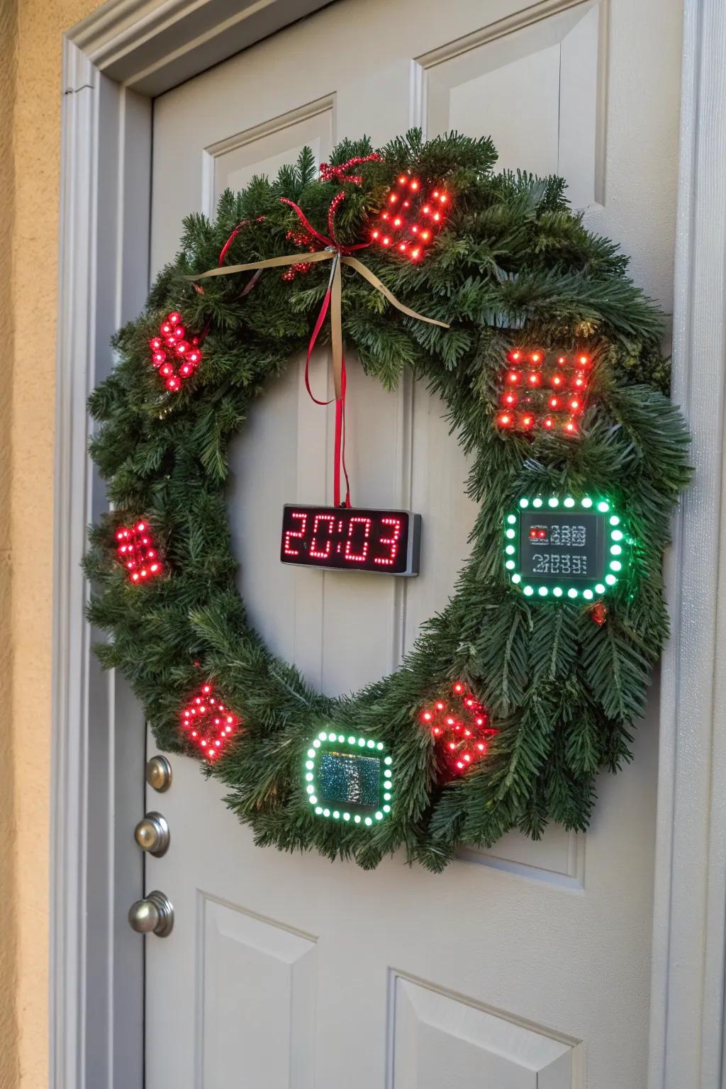 A door decorated with a digital holiday garland for a tech-savvy holiday celebration.