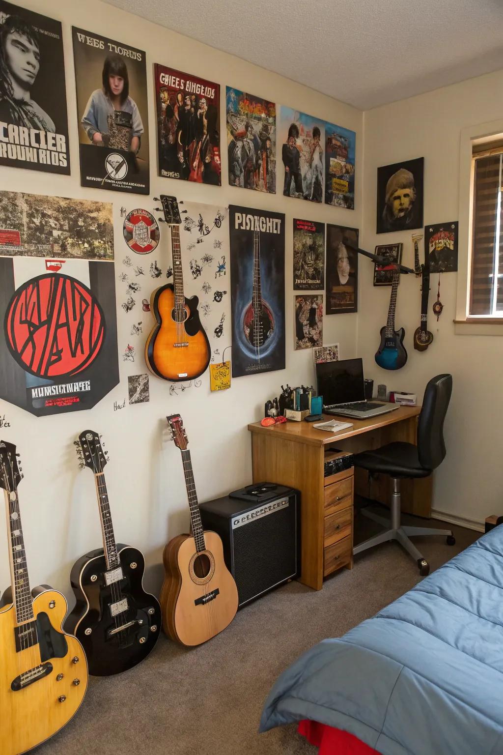 A teen boy's room with a music-themed wall showcasing guitars.