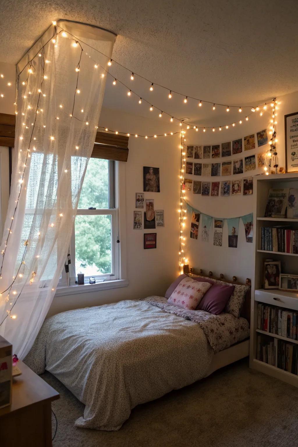 Twinkling lights crafting a magical vibe in this cozy teen girl's bedroom.