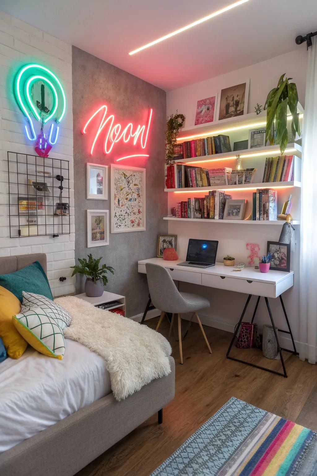 Neon signs create a fashionable and youthful atmosphere.