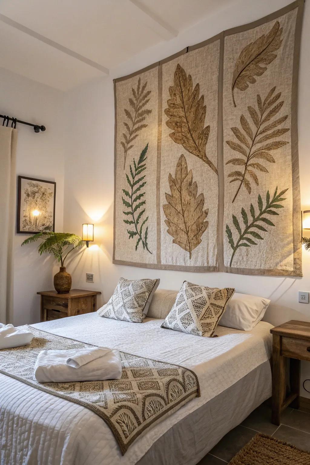 Natural leaf patterns foster a calming ambiance in this serene bedroom.