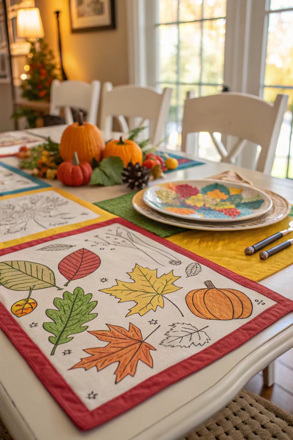 Handmade Thanksgiving table covers bestowing a personalized touch to the dinner setting.