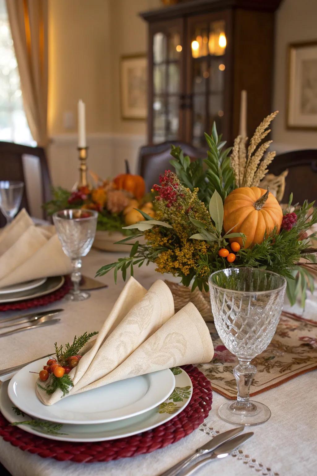 Cornucopia napkin folds celebrate the season's bountiful offerings.