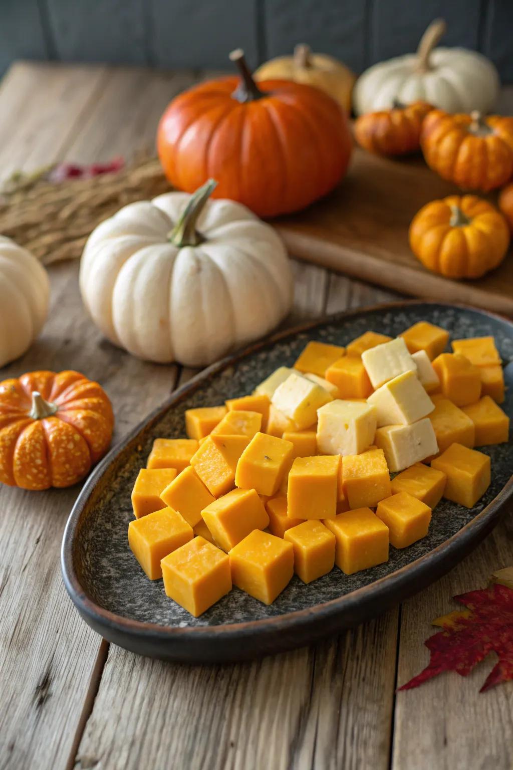 A happy blend of cheese and pumpkin capturing autumn colors.