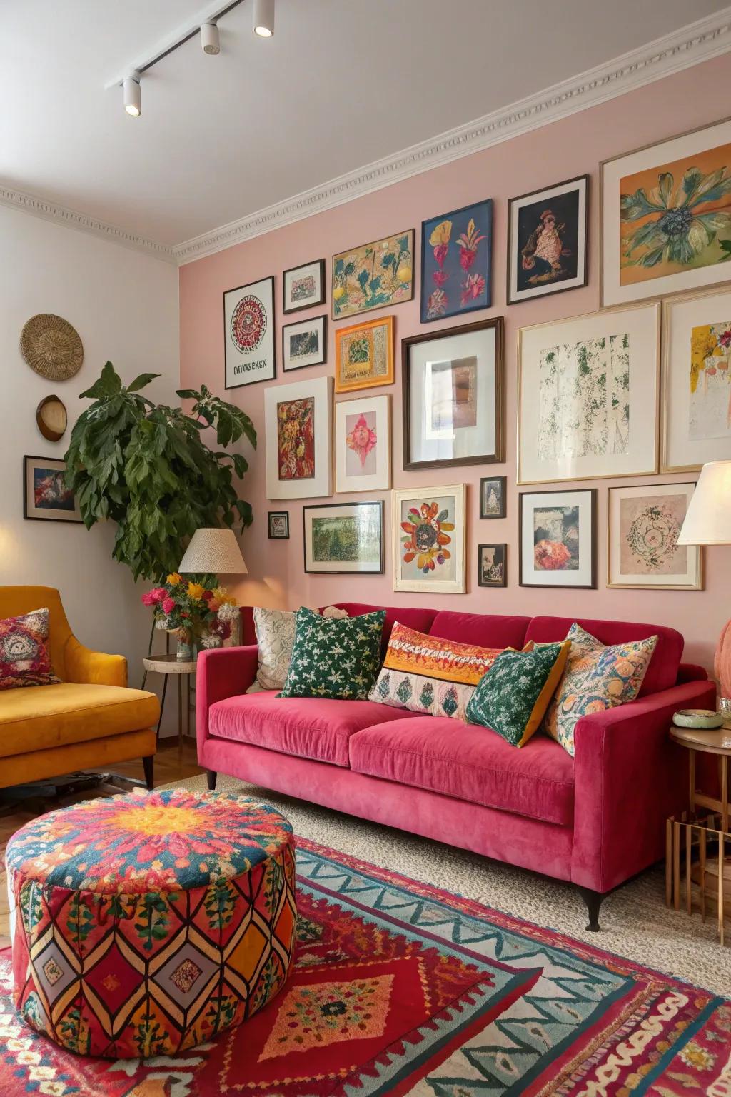 Eclectic living room with vibrant colors and textures.