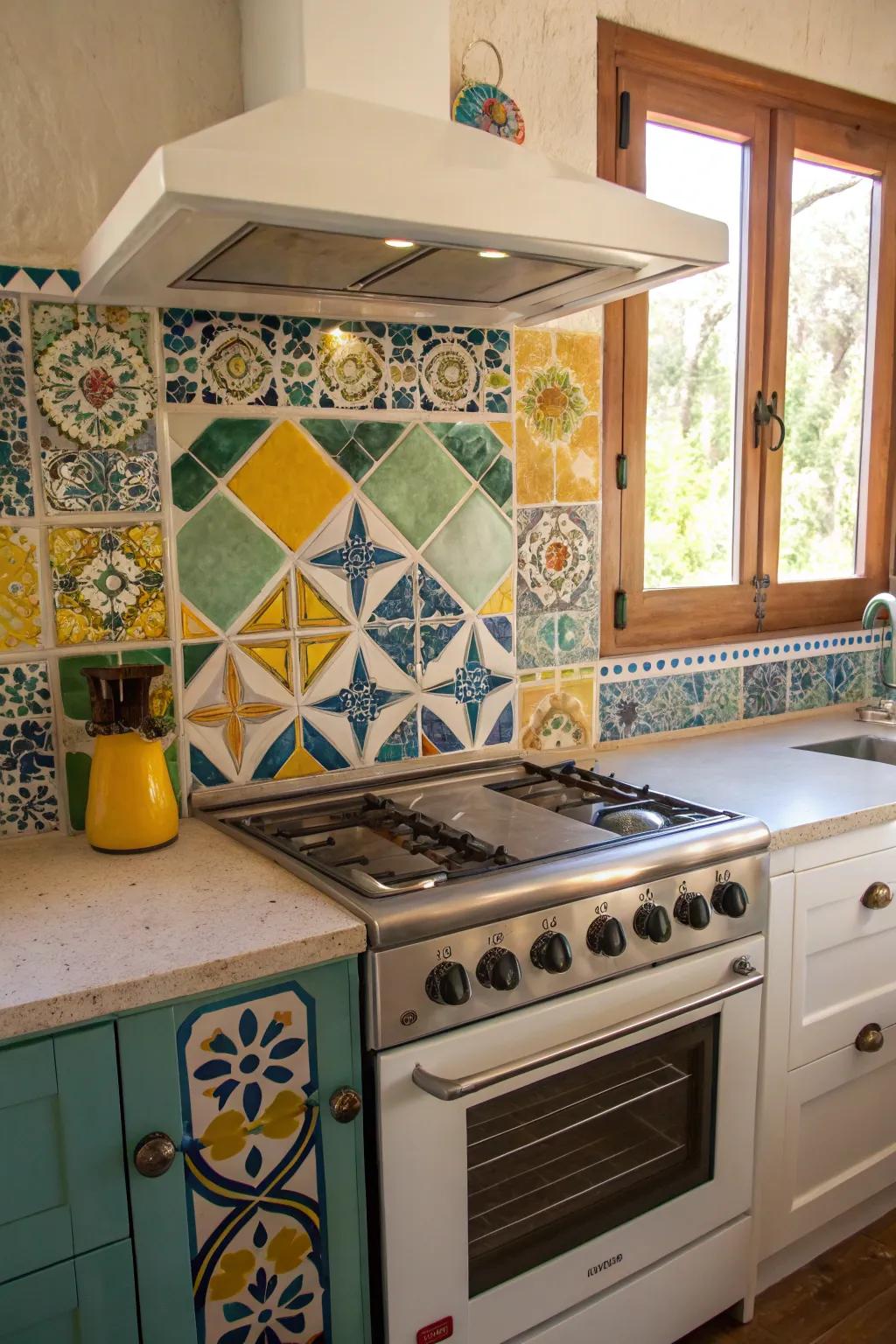 A vibrant mosaic backsplash brings a burst of color and artistic charm.